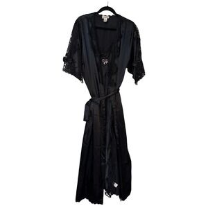 Vintage Versailles Black Satin Lace Trim Robe Nightgown 2 Piece Set Womens M